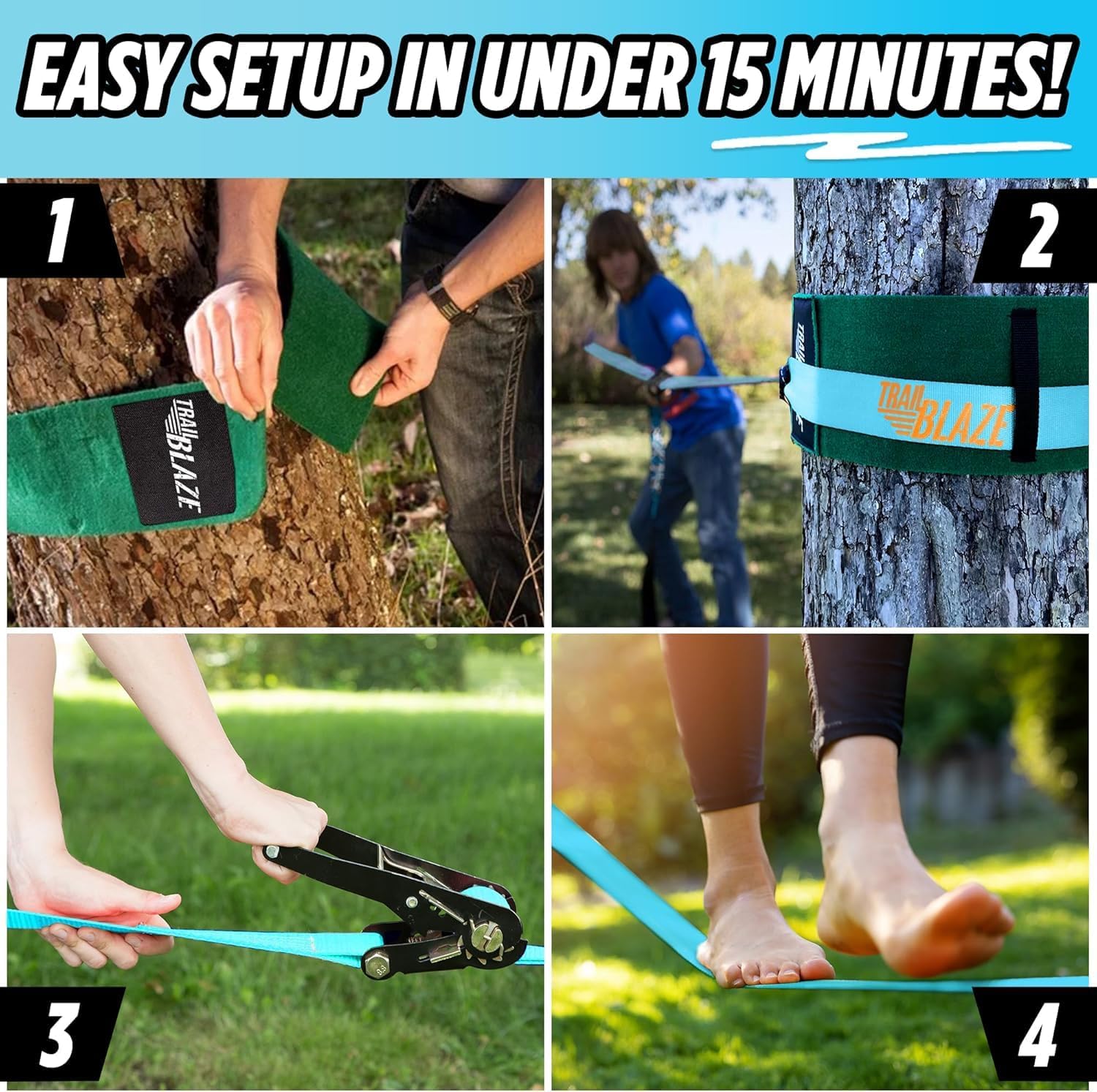 Complete Slackline Kit with Training Line - 2X 60ft Slack Lines for Backyard for Kids and Adults, Wider Tree Protectors - Ninja Slackline Kit for Kids Outdoor Play Equipment (Complete Kit - Blue) - Image 3