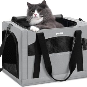 Pecute Cat Carrier Stable, Pet Carrier with Hidden Anxiety Relief Partition & Stable Steel Frame, Safe Cat Carrier for Car Travel, Soft-Sided Dog/Cat Carrier Bag for Pets Up to 11lbs, Gray