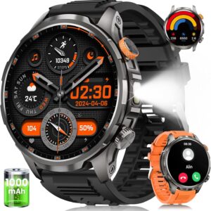 Smart Watches for Men(100 Days Battery/Flashlight), 5 ATM Waterproof Military Smart Watch with Heart Rate/Sleep/SpO2/Calling/110+ Sports Mode, Rugged Men’s Fitness Tracker Watch for Android iPhone