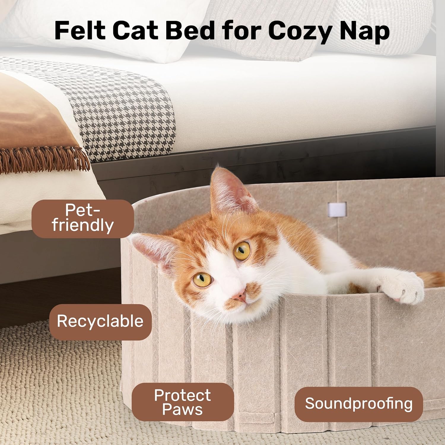 FUKUMARU Cat Beds for Indoor Cats, 24 Inch Large Cat Couch Bed with Cozy Faux Rabbit Fur Cushion, Felt Cats House Sofa in Oval Shape, Camel - Image 6