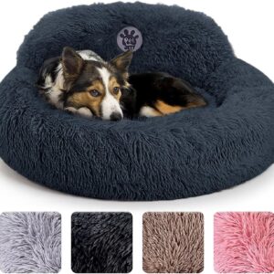 PetJett Calming Dog Bed Medium Size Dog – 30” Donut Bed, Washable Dog Bed, Anti-Slip & Super Soft Fluffy Plush Round Dog Bed, Anti-Anxiety Premium Comfort Pet Bed, Fits Dogs Upto 45 lbs – Dark Grey