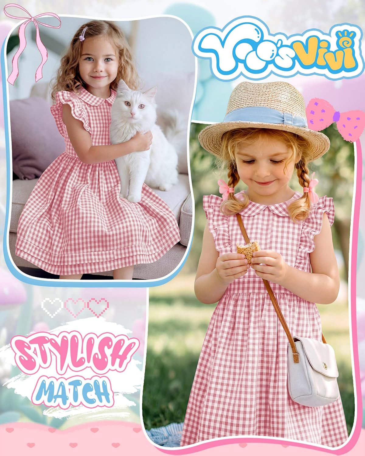 Yooo's Vivi Toddler Girls' Dress Gingham Midi Baby Plaid Dress Ruffle Sleeves Doll Collar Summer Outfits with Zipper 18M-5T - Image 4
