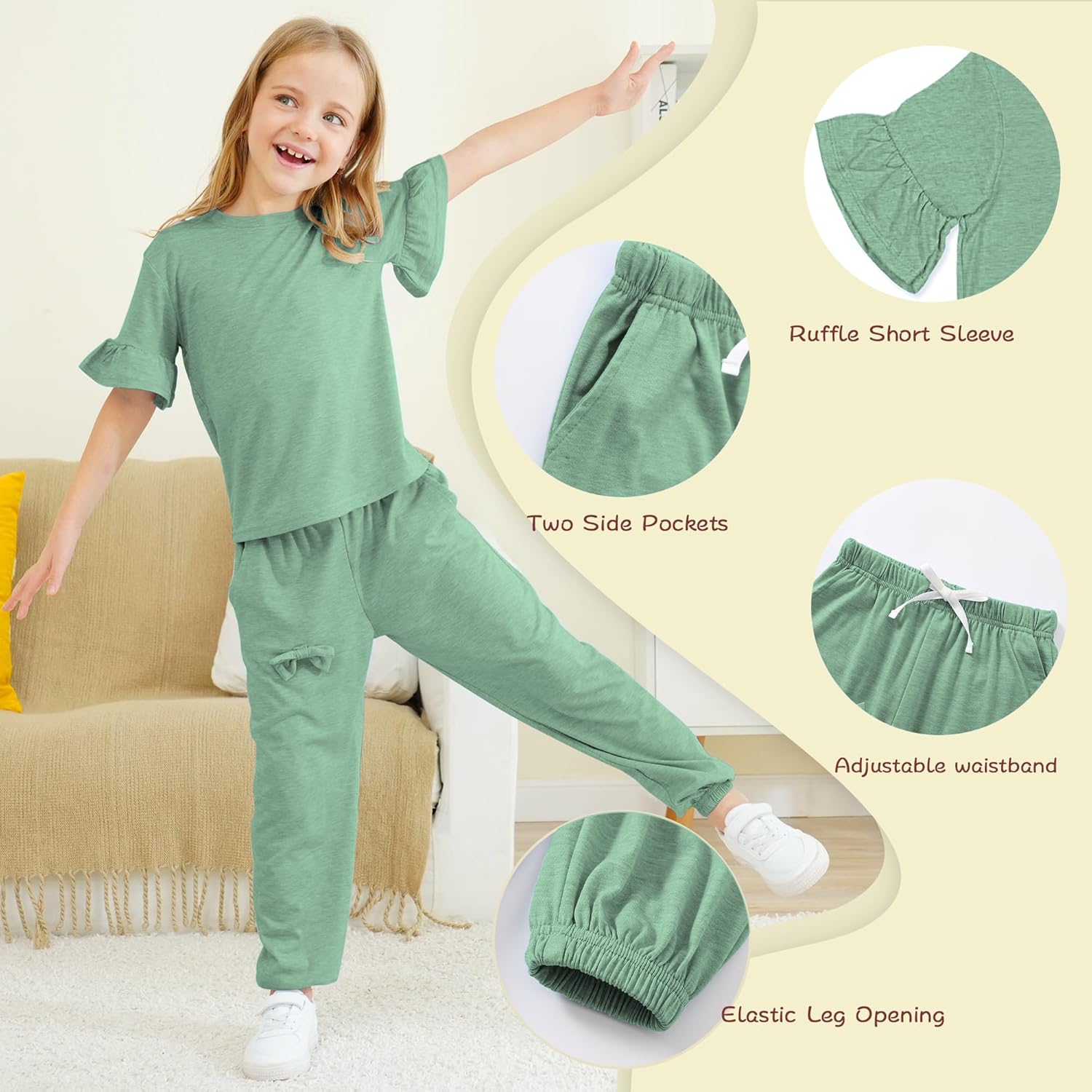 Jimonda Kids Girls Outfits Ruffle Sleeve T-Shirt and Pants Set with Side Pockets Clothing Set 2 Piece 4-13 Years Old - Image 5