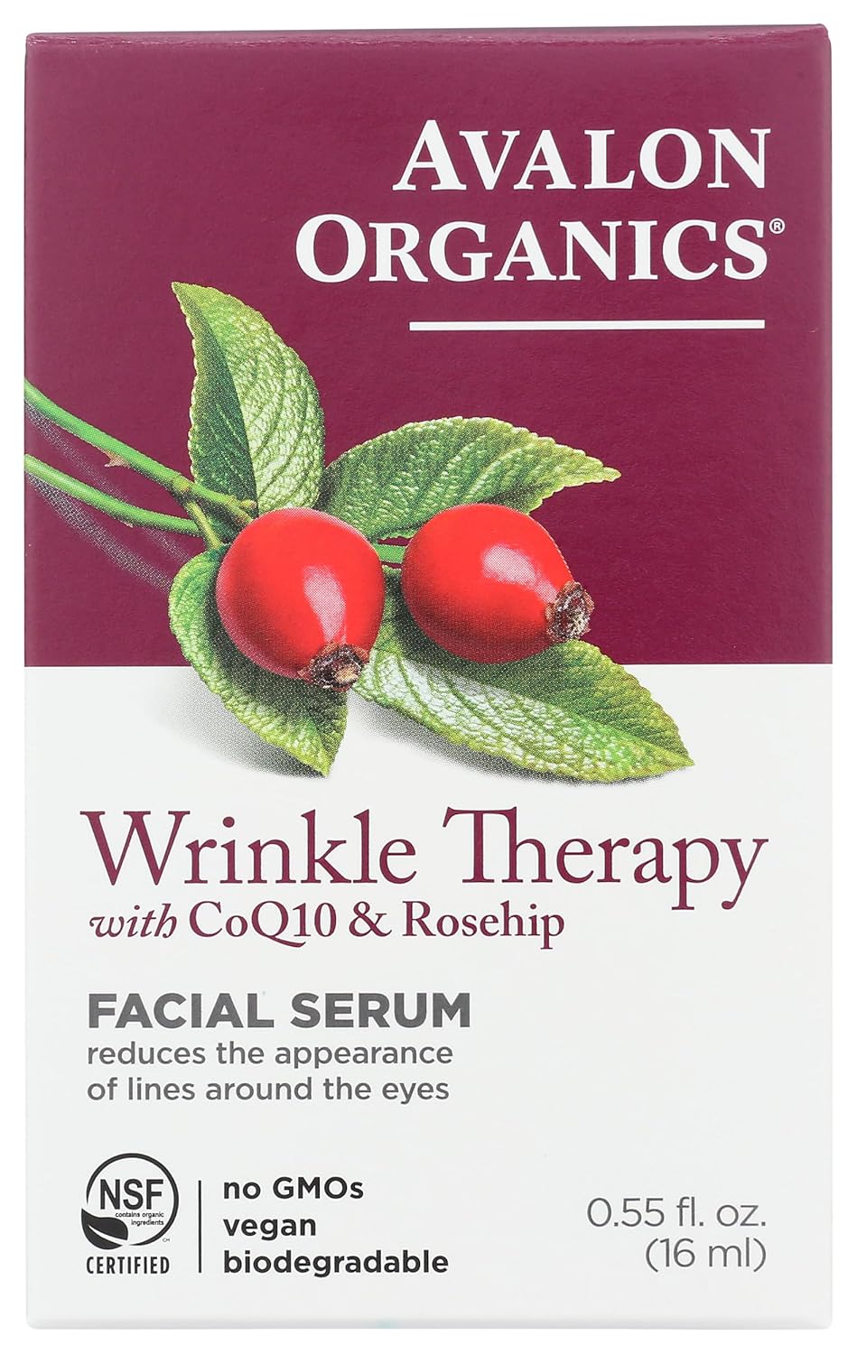 Avalon Organics Facial Serum, Wrinkle Therapy with CoQ10 & Rosehip, 0.55 Oz