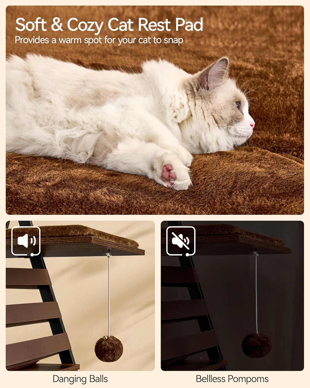 FourFurPets 72.4" Modern Cat Tower for Indoor Cats - Multi-Level Condo With Caves, Tall Tree With Scratching Board, Wooden Tower With Large Perch, Removable Pads, Rustic Brown - Image 7