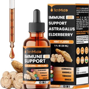 13-in-1 Immune Support Supplement Liquid Drops with Astragalus, Elderberry, Quercetin, Echinacea, Chlorophyll, Turmeric, Ginger, Rhodiola, Licorice, and More – 30ml 1 Fl Oz