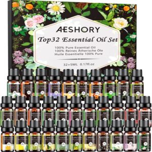 Essential Oils Set – 32x5ml Pure Aromatherapy Essential Oils Kit for Diffuser, Humidifier, Aromatherapy, Massage, Skin & Hair Care – Lavender, Tea Tree, Eucalyptus, Sandalwood, Peppermint, Rosemary