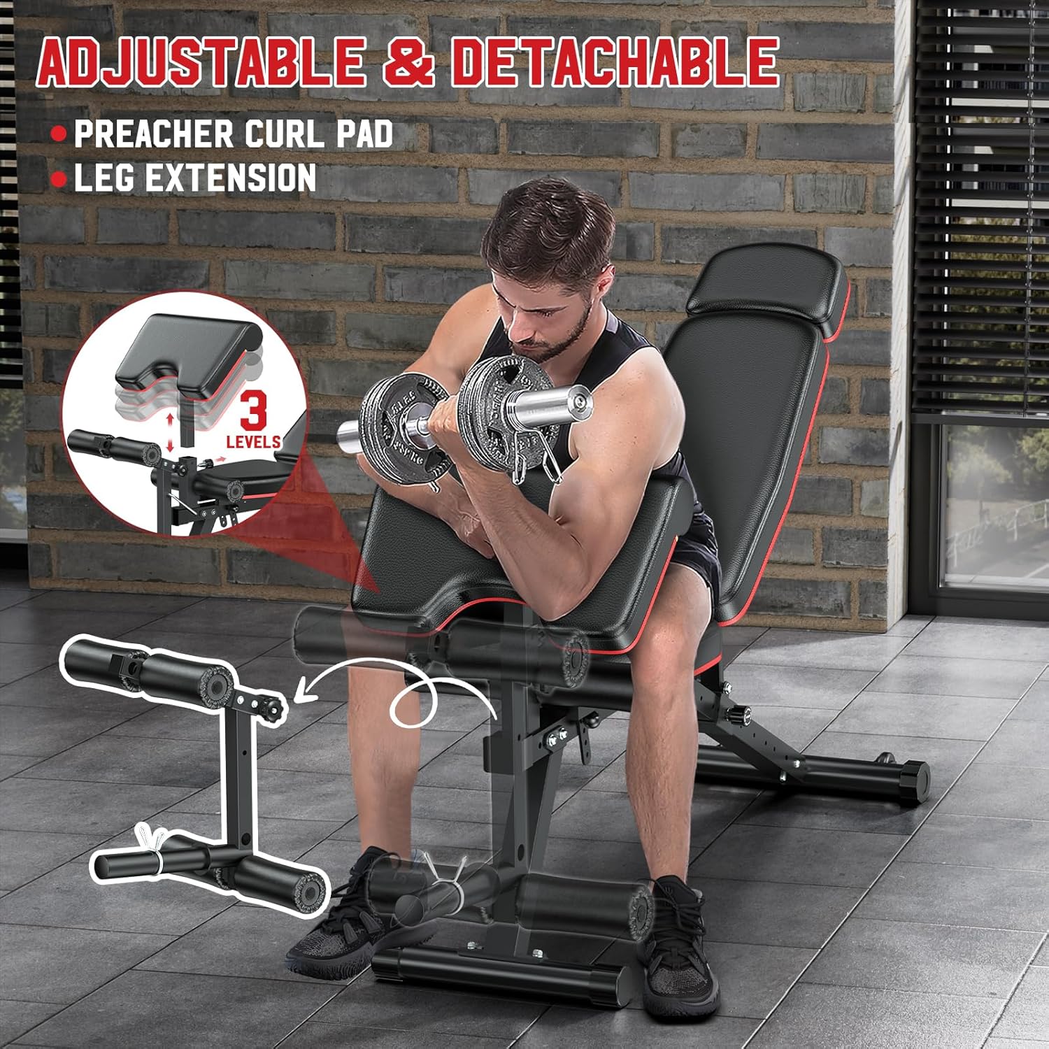XDDIAS Workout Bench, Adjustable Weight Bench with Leg Extension and Leg Curl, Extended Headrest, 900LBS Preacher Curl Bench Incline Decline Flat Workout Bench for Home Gym Full Body Exercise - Image 4