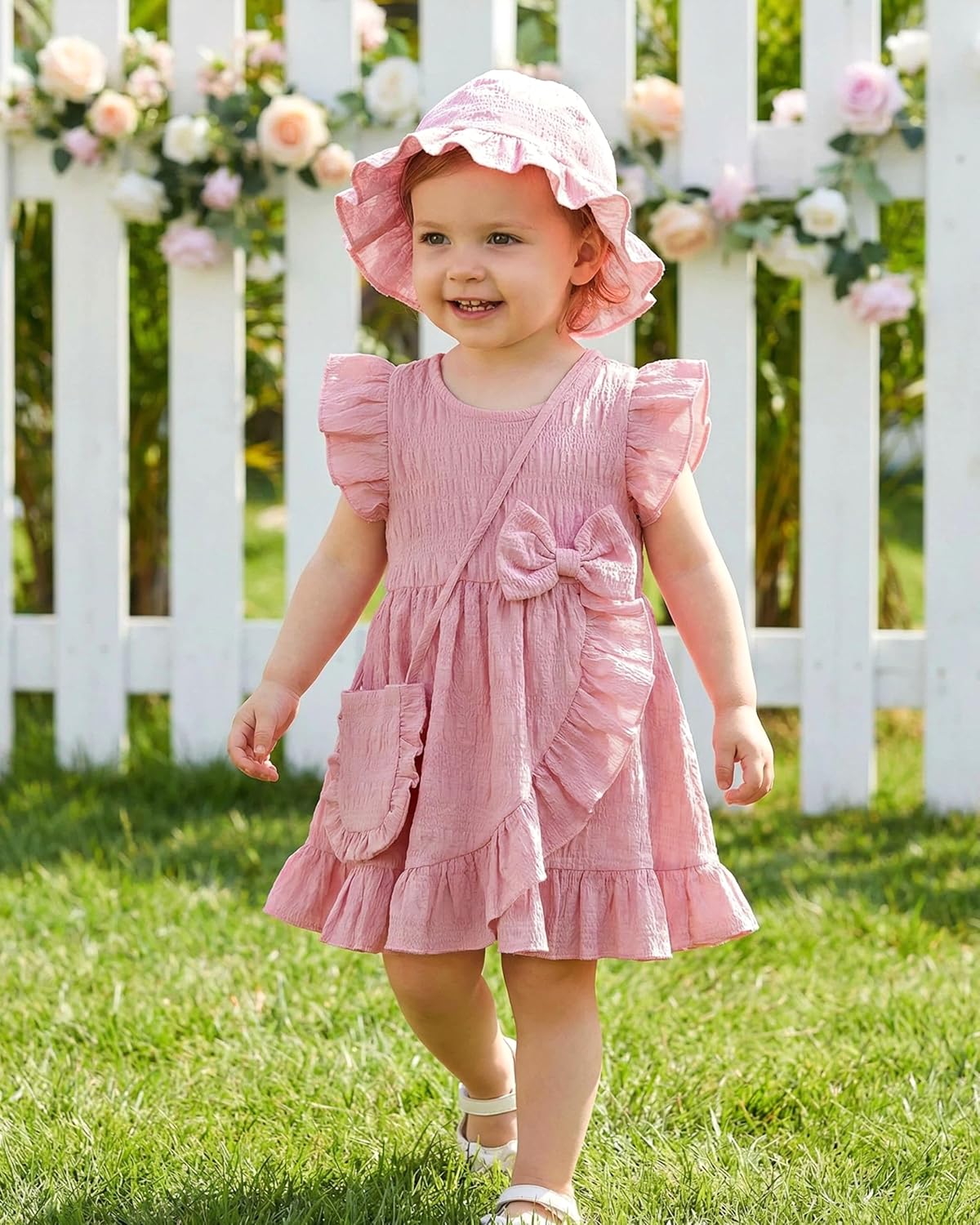 SODLON Toddler Baby Girl Dress Summer Clothes Outfits Ruffle Sleeveless Bow Dresses Beach Vacation Sundress with Hat - Image 2