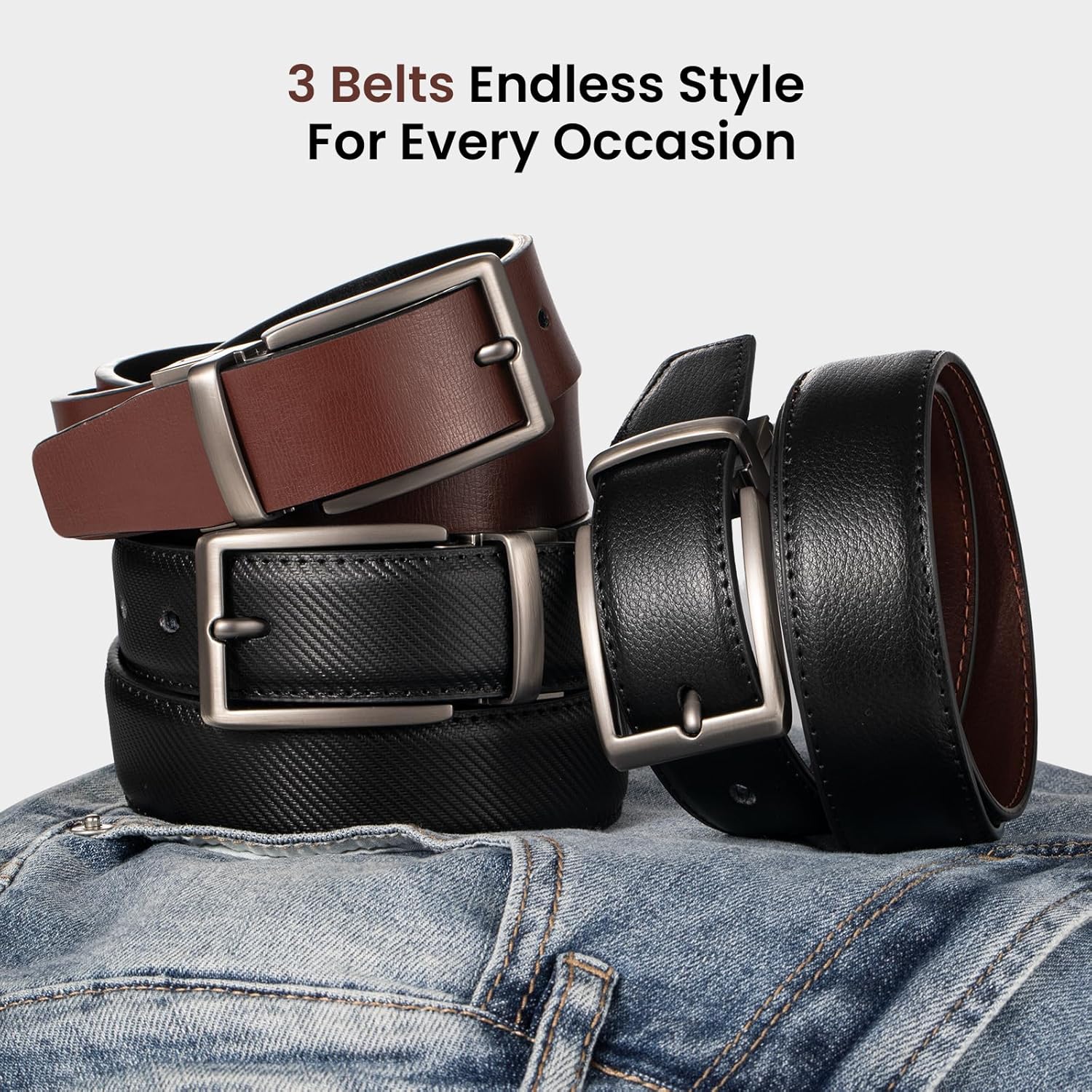LMUGOOS 3-Pack Men's Reversible Genuine Leather Belt, Adjustable & Cuttable 1.2" for Dress & Jeans, Ideal Gift for Men - Image 3