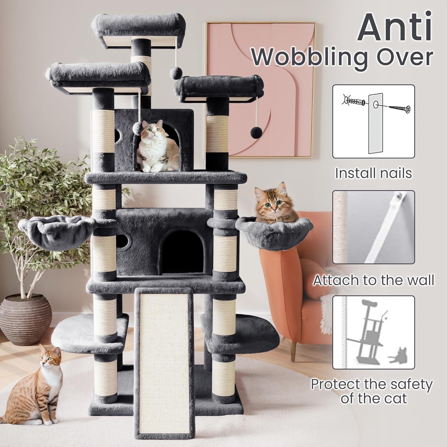 SHA CERLIN 68 Inches Multi-Level Large Cat Tree for Large Kitties/Big Cat Tower with Condo/Cozy Plush Pussycat Perches/Sisal Scratching Posts and Hammocks/Activity Center/Dark Grey - Image 7