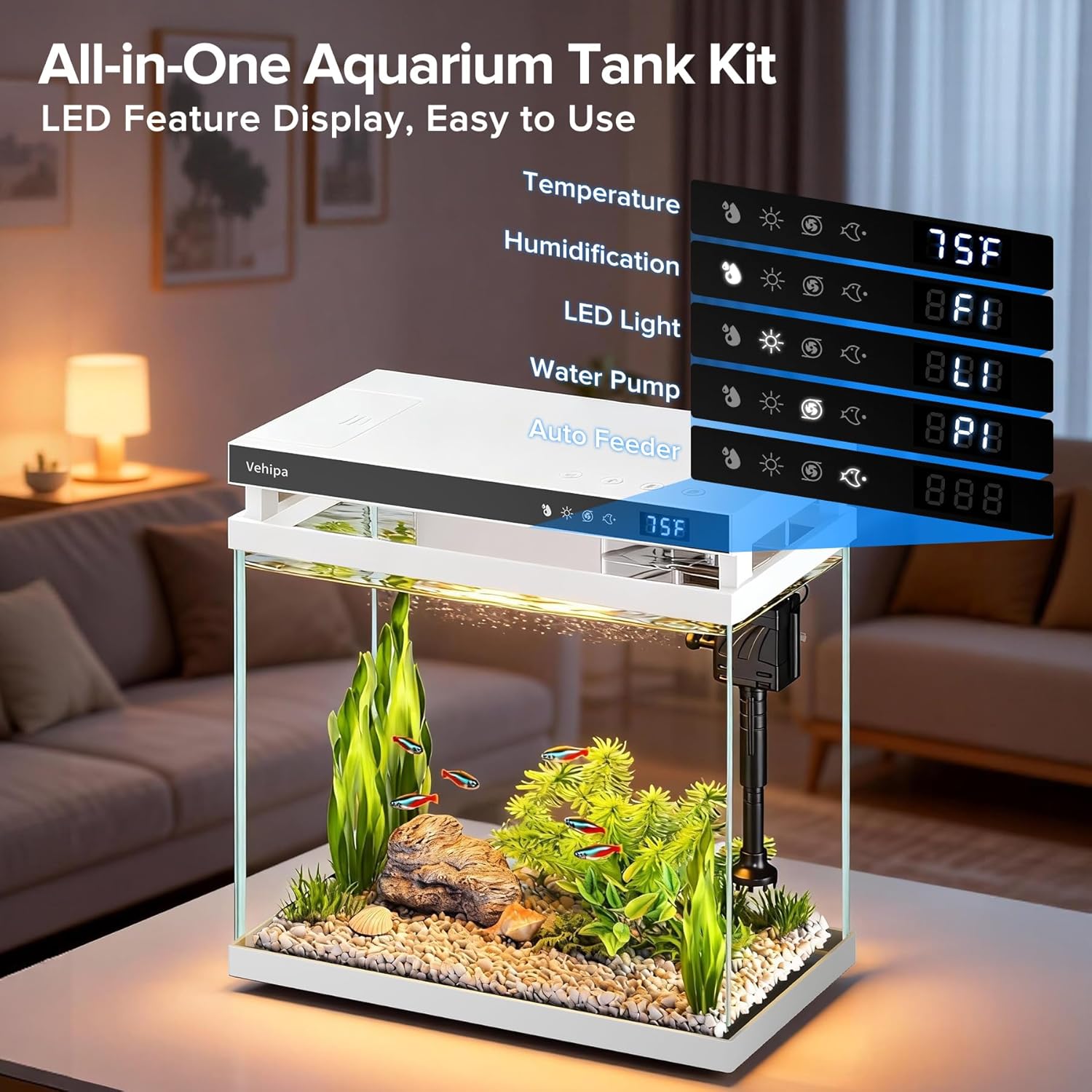 Vehipa Fish Tank Aquarium, 2.2 Gallon Smart Fish Aquarium Kits with Auto Feeder, Silent Water Pump, Temperature Display, Smart Humidifier & 7-Color Lighting, for Office & Home - White - Image 7