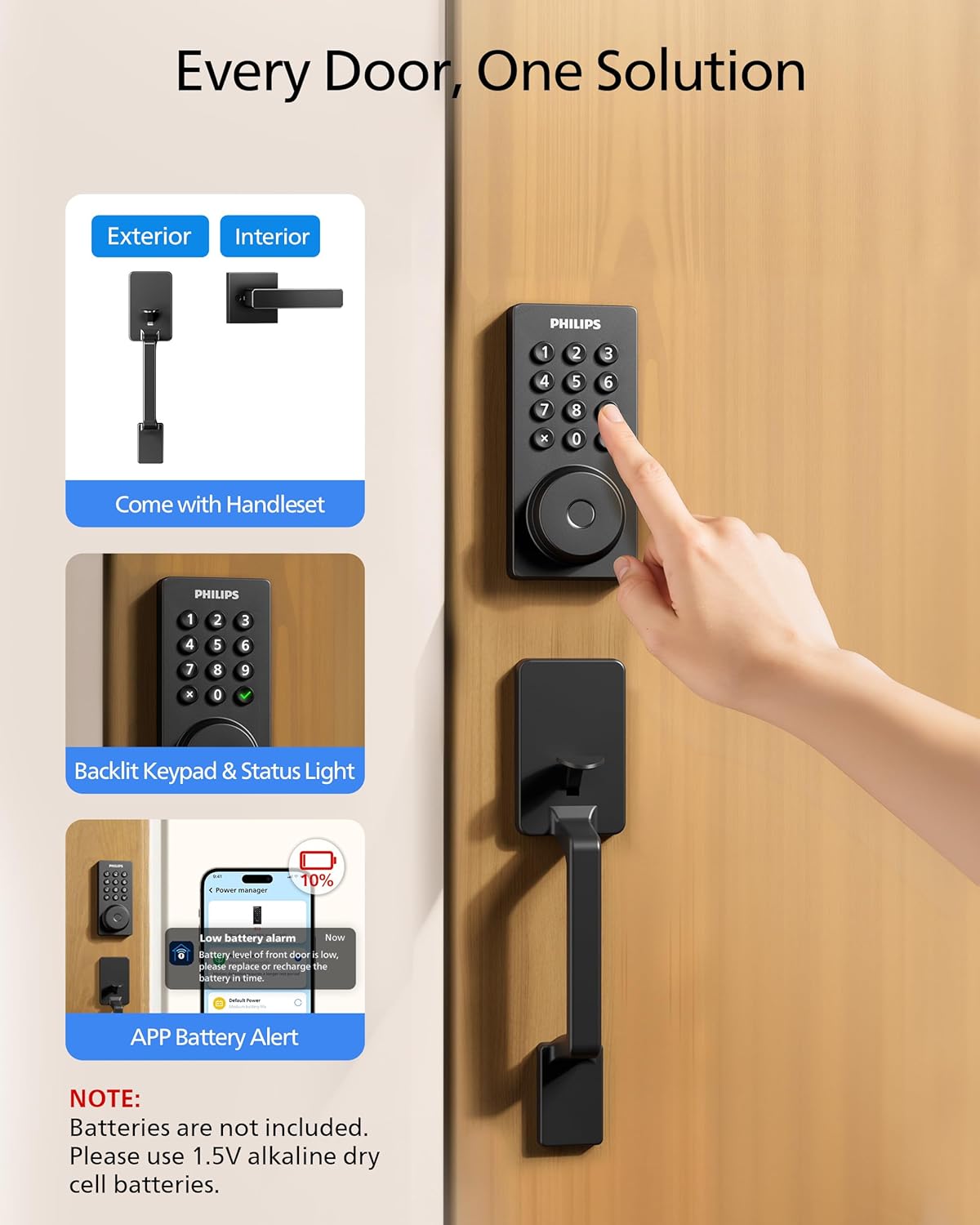 Philips Wi-Fi Smart Door Lock with Handle Set, Keypad Deadbolt for Front Door, Fingerprint Keyless Entry Door Lock with App Remote Control, IP53 Waterproof, Auto Lock, Security Easy Installation - Image 7