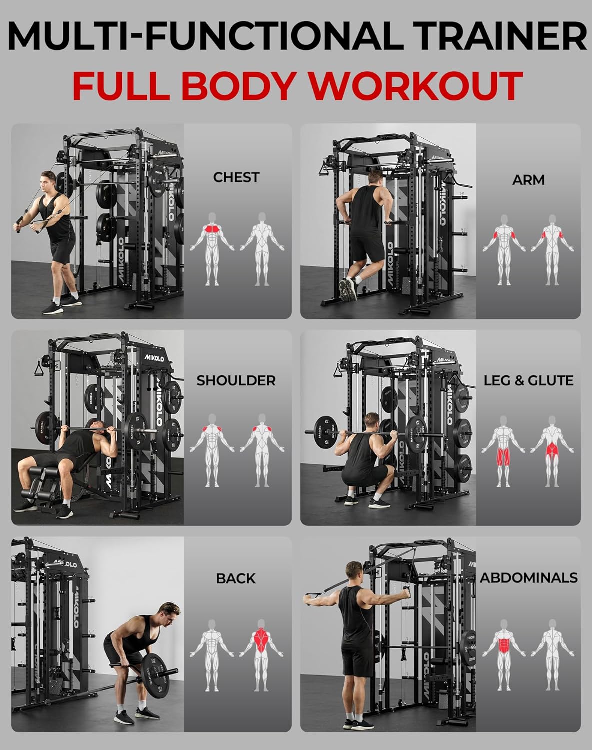 Mikolo Smith Machine with Weight Stack, Power Cage Home Gym System with LAT Pulldown & Cable Crossover, Multi-Functional Trainer with Dual Pulley System, Includes 10+ Free Attachments - Image 9