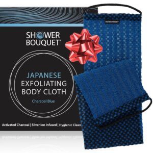 Japanese Exfoliating Washcloth for Back & Body – Charcoal & Silver Ion Exfoliating Towel with Handles – Two-Sided Gentle Exfoliation & Deep Cleansing Soft Body Wash Cloths for Shower – Blue