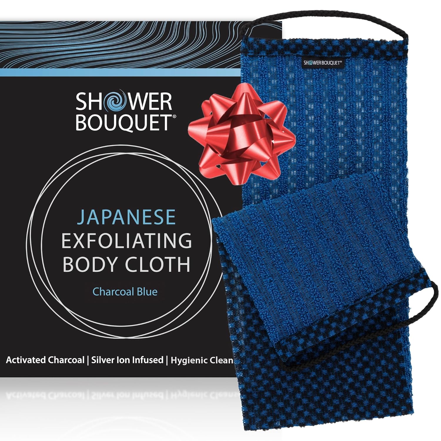Japanese Exfoliating Washcloth for Back & Body - Charcoal & Silver Ion Exfoliating Towel with Handles - Two-Sided Gentle Exfoliation & Deep Cleansing Soft Body Wash Cloths for Shower - Blue