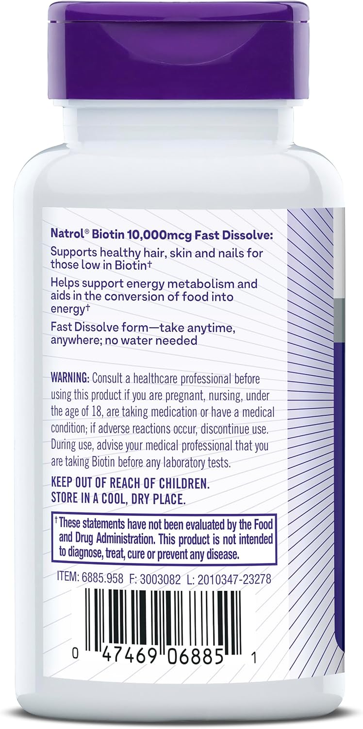Natrol Biotin 10000mcg, 4X Faster Dissolve Supplement for Healthy Hair, Skin and Nails for Those Low in Biotin, Plus Energy Metabolism Support, 60 Tablets, Up to a 60 Day Supply - Image 9