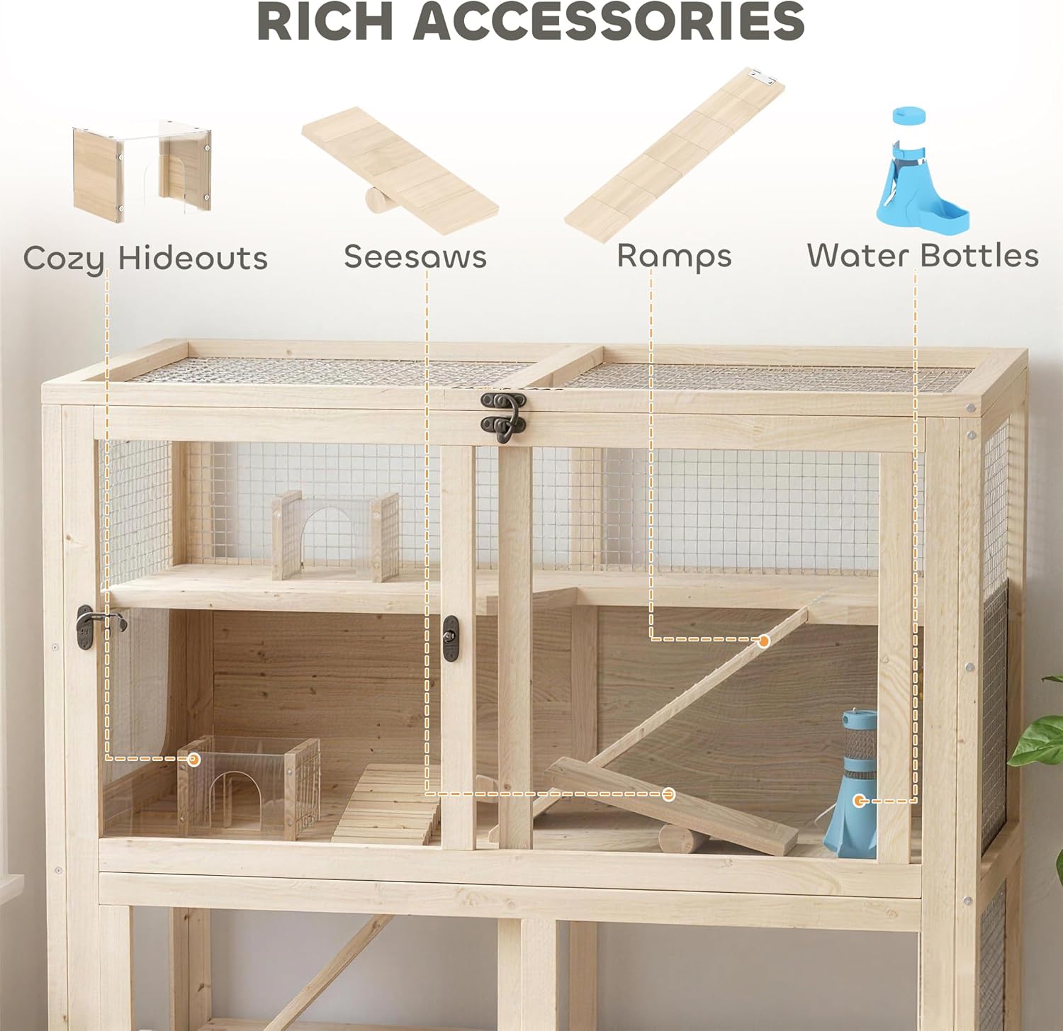 PawHut Wooden Hamster Cage, 4 Tier Small Animal Cage with Mesh Flip Roof, Pull-Out Tray, Huts, Seesaws, Ramps and Water Bottles, Hamster Habitat for Dwarf Syrian Mice Gerbil, 33" x 21" x 36" - Image 5