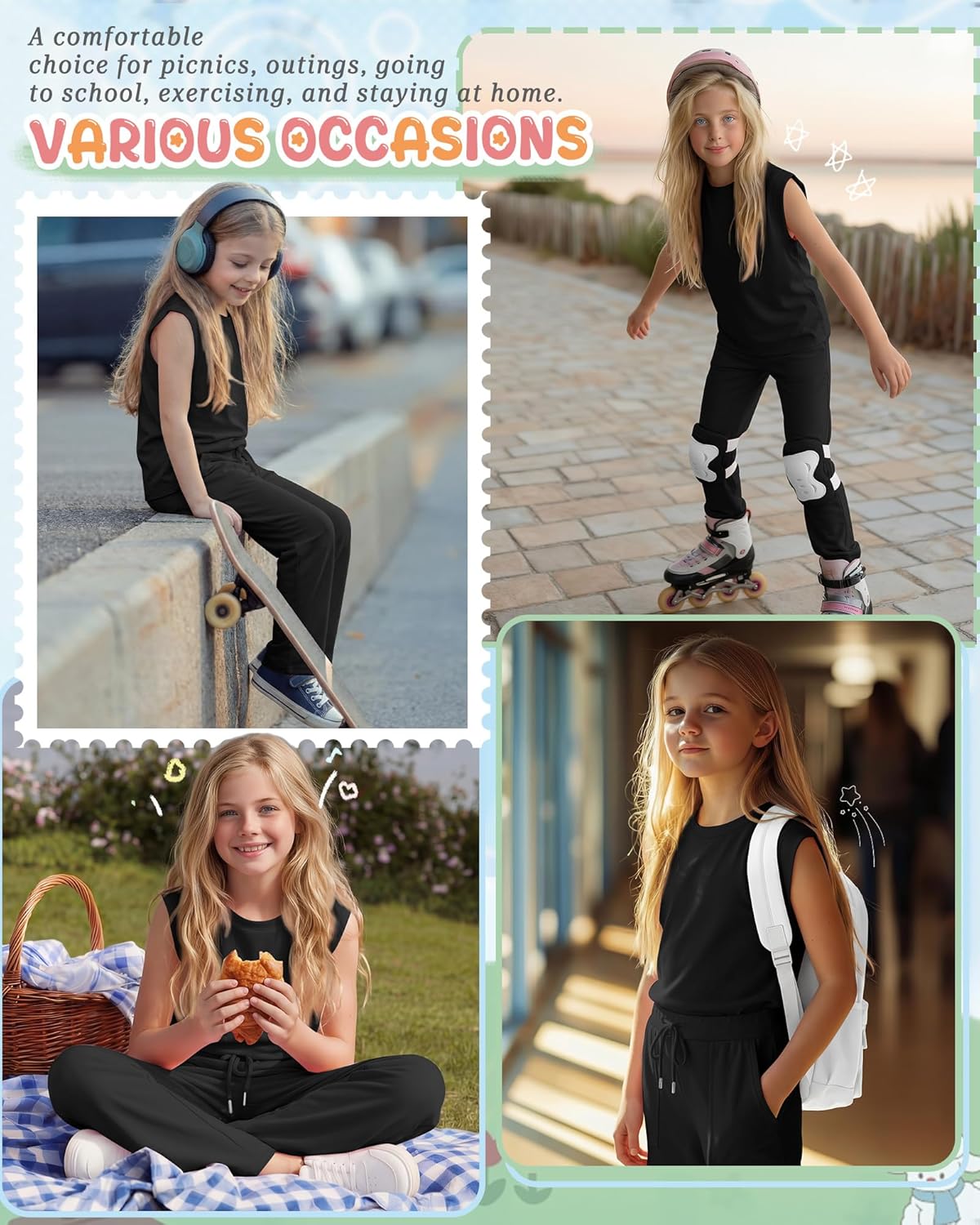 Girls 2 Piece Outfit Sets Short Cap Sleeve Crewneck Top Drawstring Straight Leg Pant Pocket Lightweight Clothes - Image 3