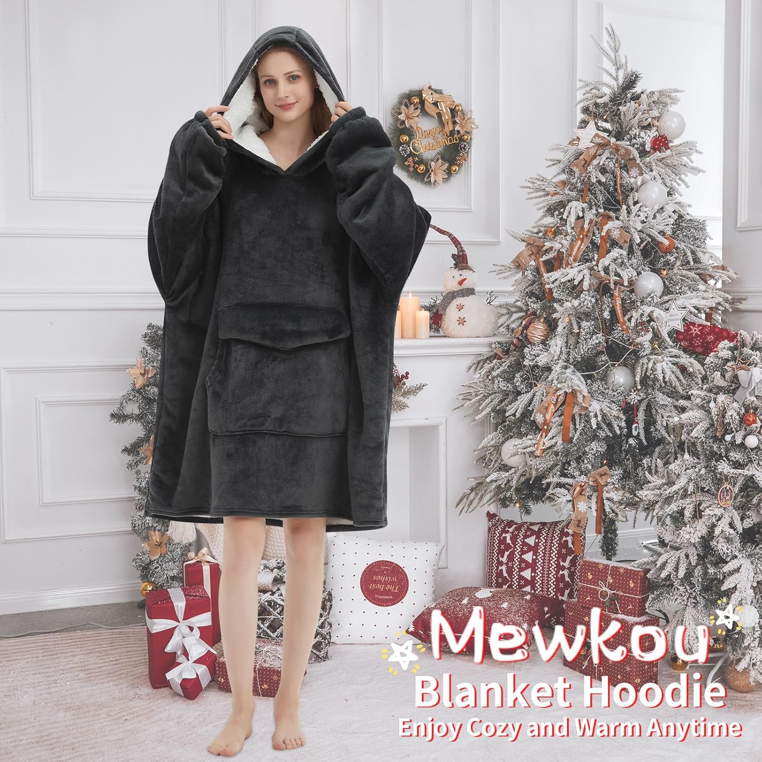 Mewkou Wearable Blanket Hoodie for Adult,Oversized Sherpa Fleece Blanket Hoodie for Women Men,Grey - Image 4