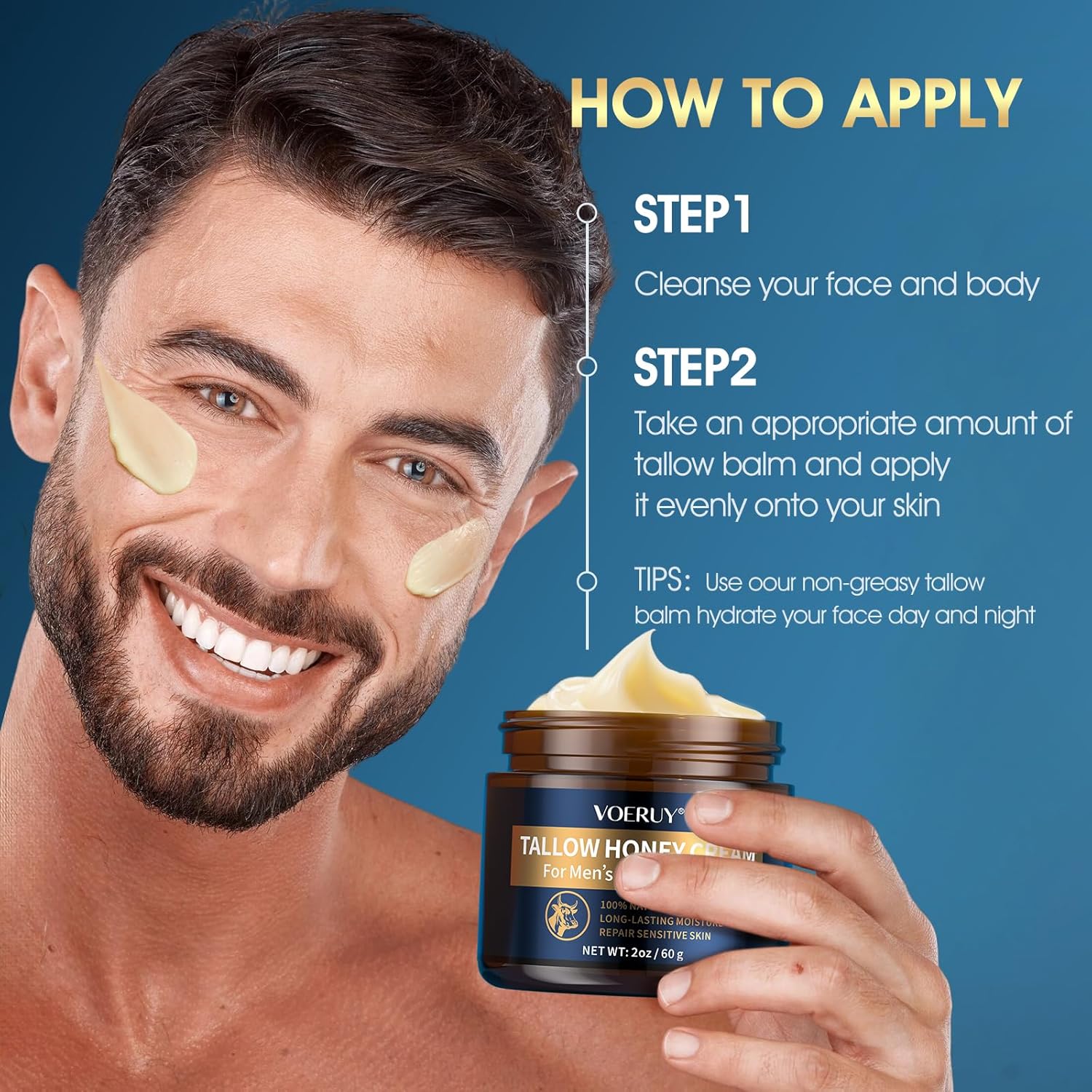 VOERUY Mens Face Moisturizer Cream - Anti Aging & Wrinkle for Men with Tallow Balm & Raw Honey, Natural Grass-Fed Tallow Moisturizer for Face, Facial Skin Care & Eye Lotion - Day & Night, 2oz/60g - Image 6