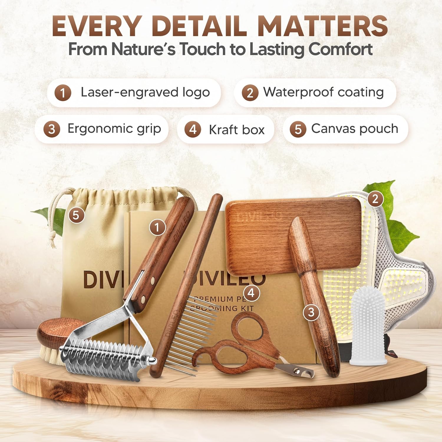 Premium Waterproof Pet Grooming Kit for Dogs & Cats – Wooden Handle Slicker Brush, Deshedding Comb & Nail Clipper – Professional Dog Grooming Supplies Set with Canvas Pouch | USA Brand - Image 4