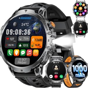 Military Smart Watch for Men, 1.85″ HD Large Screen, Bluetooth Call/1000mAh/Flashlight/Heart Rate Sleep Monitor, 110+ Sports Modes Fitness Tracker Watch for Android iOS, Holiday, 3 Straps, Black