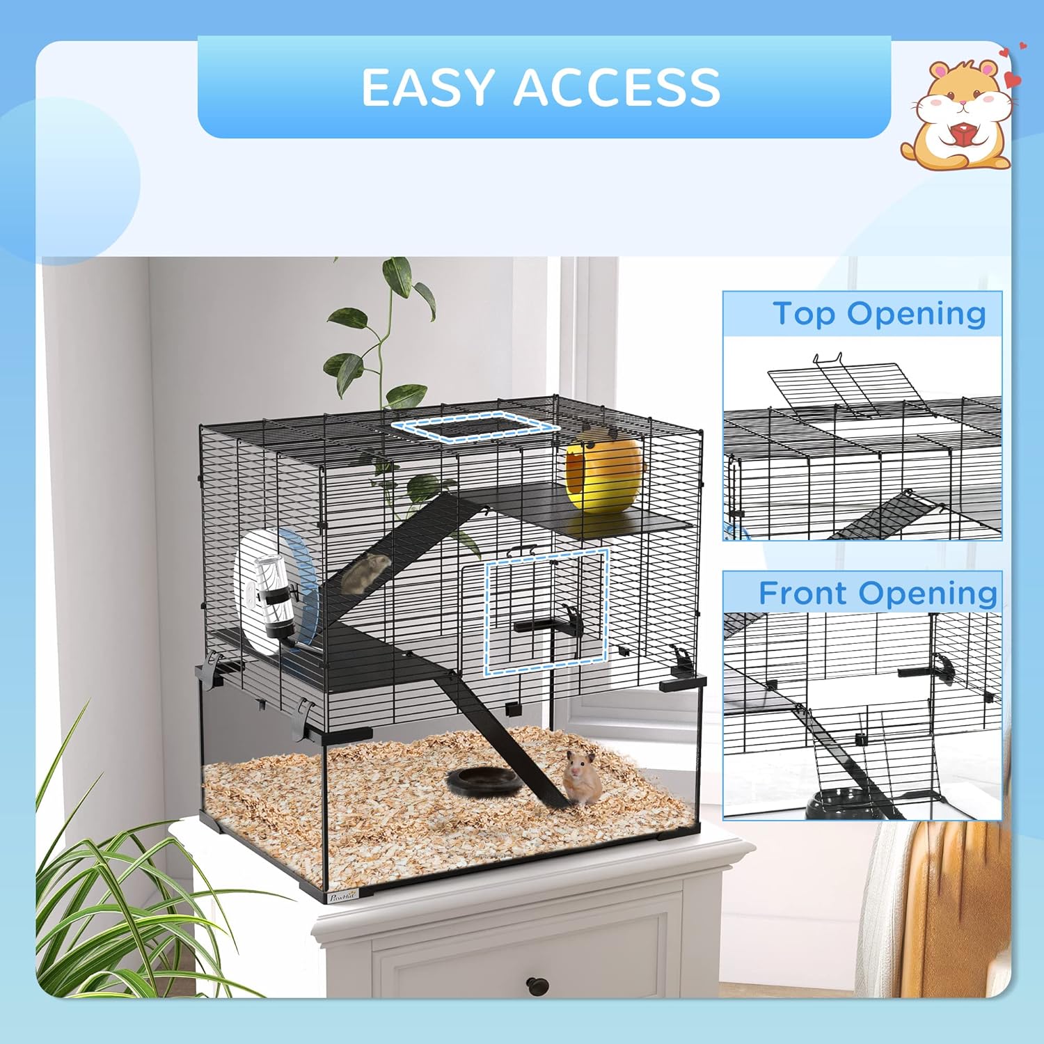 PawHut Large Hamster Cage with Deep Tempered Glass Bottom, 3 Tiers Hamster Tank with Running Wheel, Hut, Water Bottle, Dish, Rat Cage for Syrian, Dwarf, Gerbils, Mouse, 23.5" x 16" x 22.5", Black - Image 6