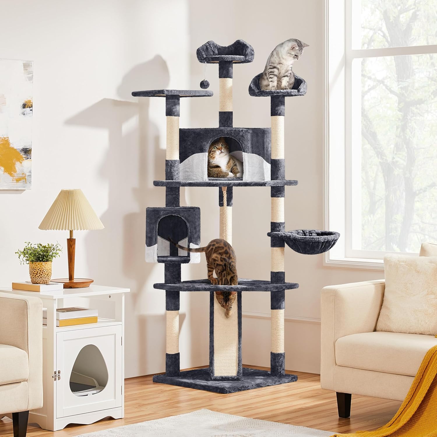 Yaheetech 79in Multi-Level Cat Trees Indoor Cat Tower with Sisal-Covered Scratching Posts, Plush Perches and Condo for Kittens, Cats and Pets - Dark Gray and White - Image 4