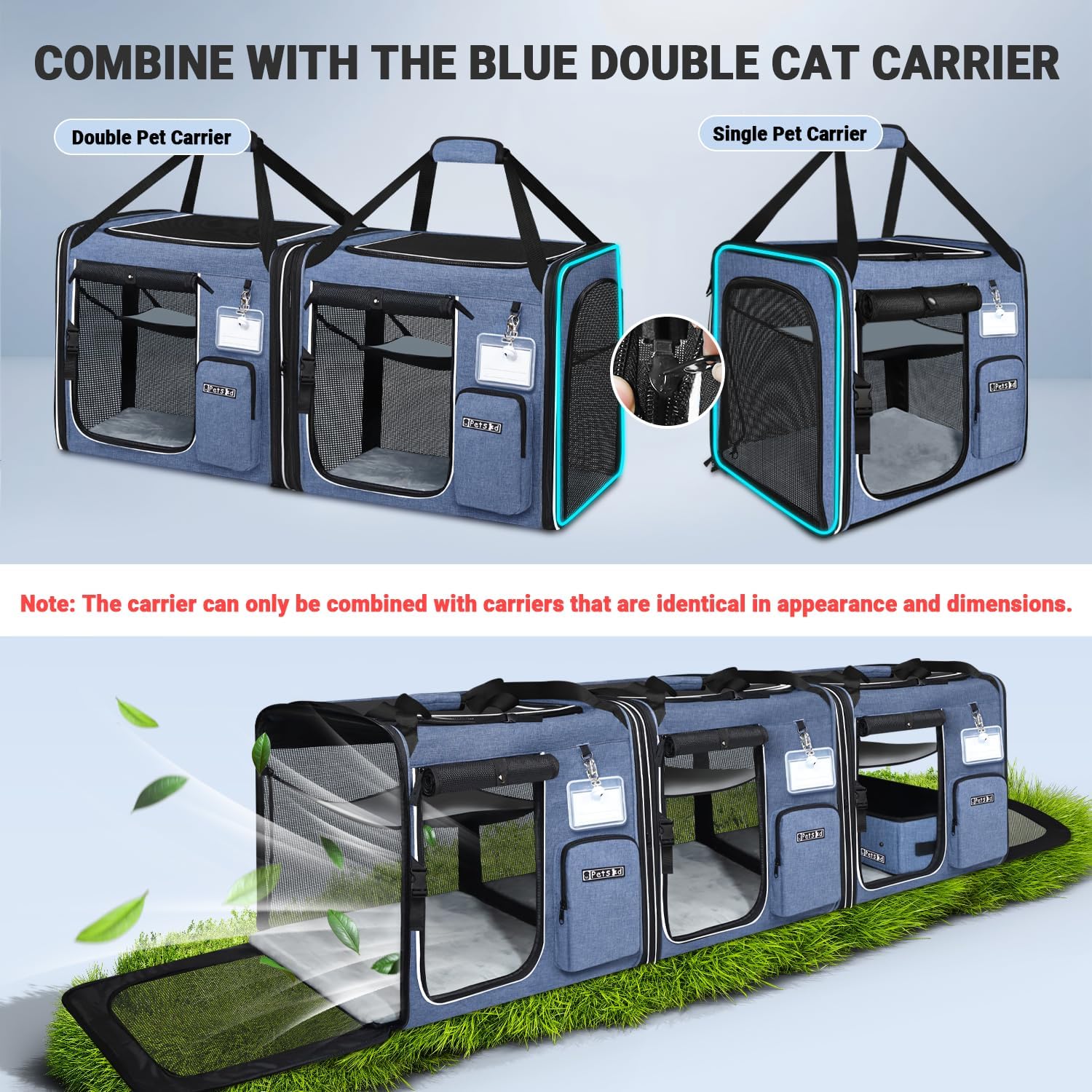 Petskd Combinable Large Cat Carrier with Litter Box for Car Travel, 19"x17"x18" Portable Soft Pet Carrier for 2 Small Cats with Safty Zipper Locks for Vet - Image 3