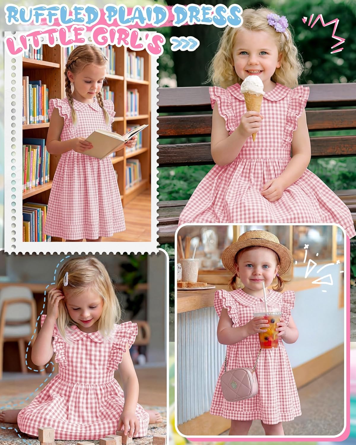 Yooo's Vivi Toddler Girls' Dress Gingham Midi Baby Plaid Dress Ruffle Sleeves Doll Collar Summer Outfits with Zipper 18M-5T - Image 2