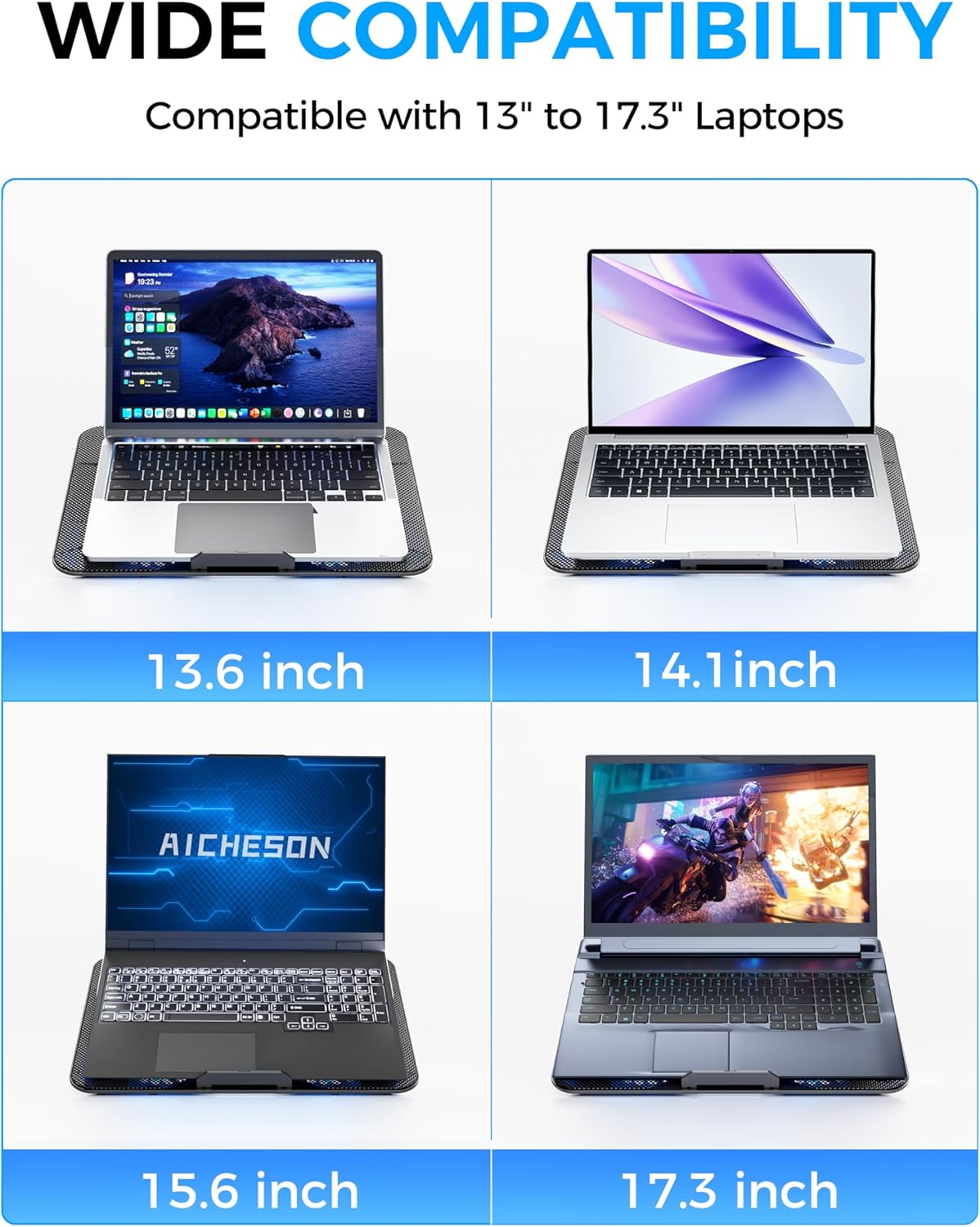 AICHESON Laptop Cooling Pad with 6 High-Speed Fans, Laptop Cooler with Adjustable Angles, Compatible with 14-17.3 Inch Laptops - Image 7