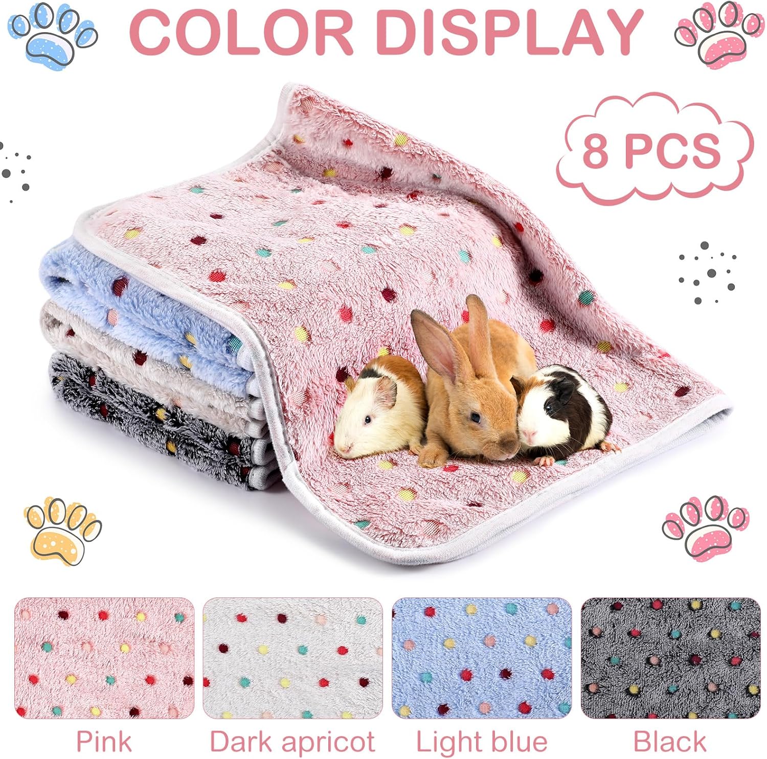 Tudomro 8 Pcs Guinea Pig Blankets Washable Small Pet Fleece Bedding Cage Liners Double Sided Pet Reusable Sleep Mat Pad Cover for Ferret Chinchilla Furniture Protection(Dot,12 x 12 Inch) - Image 7