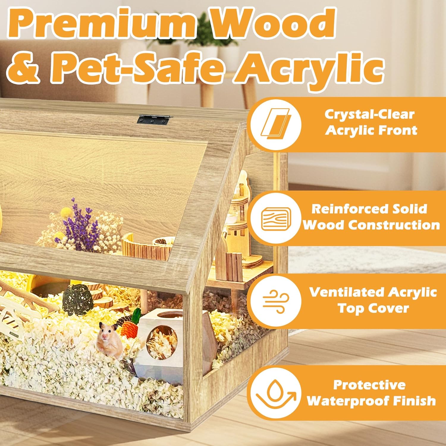 PROLEE Hamster Cage Chewproof, 40" x 20" x 20" Sloped Mice and Rat Habitat with Clear View, Solid Built with Lockable Design and Openable Top (White Oak) - Image 5