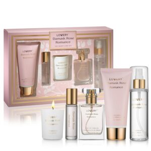 Womens Gift, Birthday Gifts for Mom, Self Care Gifts for Women, Damask Rose Romance Spa Kit with Soy Candle, Perfume Roll On, Body Lotion, Body Mist & Eau de Parfum – Bath & Body Care Set