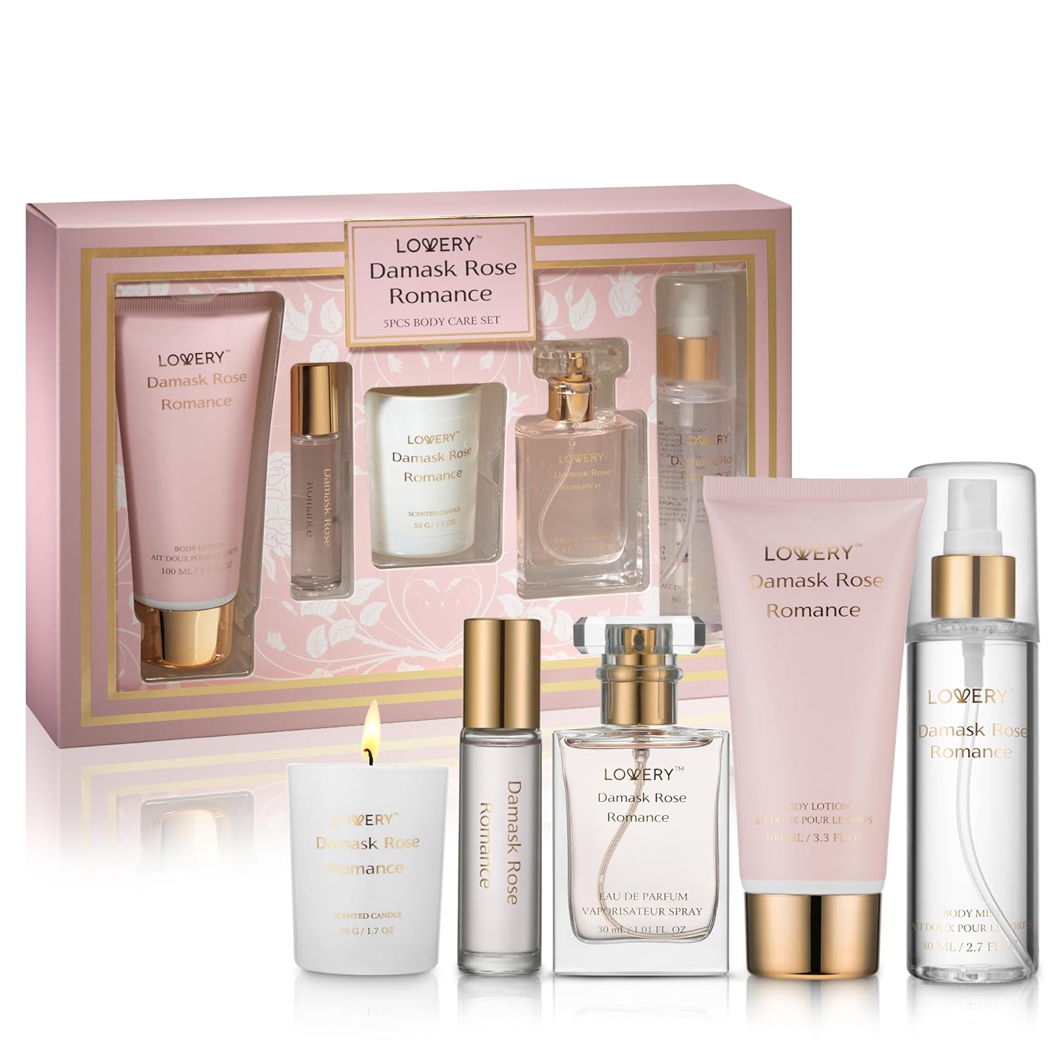 Womens Gift, Birthday Gifts for Mom, Self Care Gifts for Women, Damask Rose Romance Spa Kit with Soy Candle, Perfume Roll On, Body Lotion, Body Mist & Eau de Parfum - Bath & Body Care Set