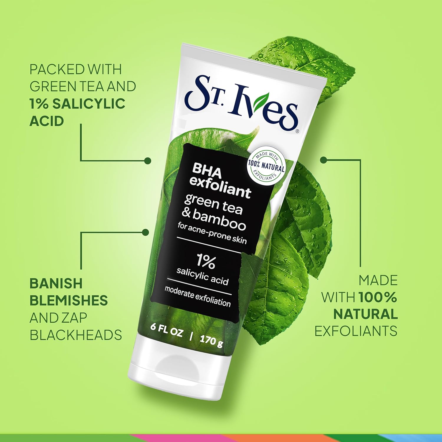 St. Ives Blackhead Clearing Face Scrub, Clears Blackheads & Unclogs Pores, Green Tea & Bamboo, Salicylic Acid Acne Treatment Facial Scrub, Moderate Exfoliator Skin Care with Natural Exfoliants 6 oz - Image 4