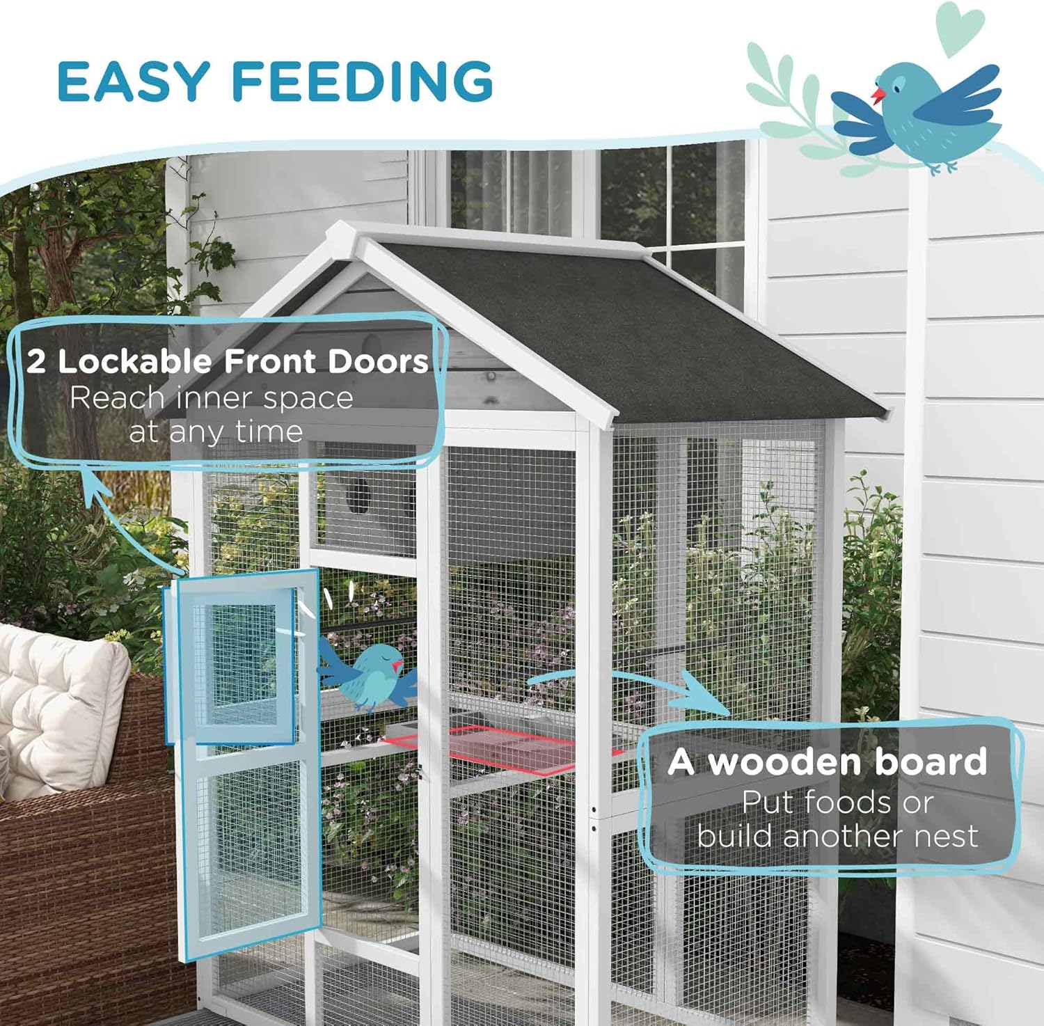 PawHut 64.5" Wooden Bird Cage Aviary, Flight Cage with 4 Perches, Nest and Slide-Out Tray for Indoor/Outdoor, Gray - Image 3