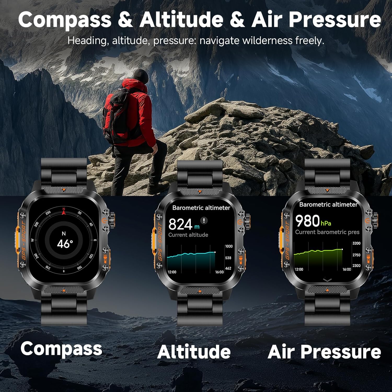 GPS Smart Watch for Men (Answer/Make Calls), 2.01'' Military Rugged Smartwatches for Android iPhone Fitness Tracker with Compass/10 Days Battery/Heart Rate/Sleep/100+ Sport Modes(2 Straps) - Image 4