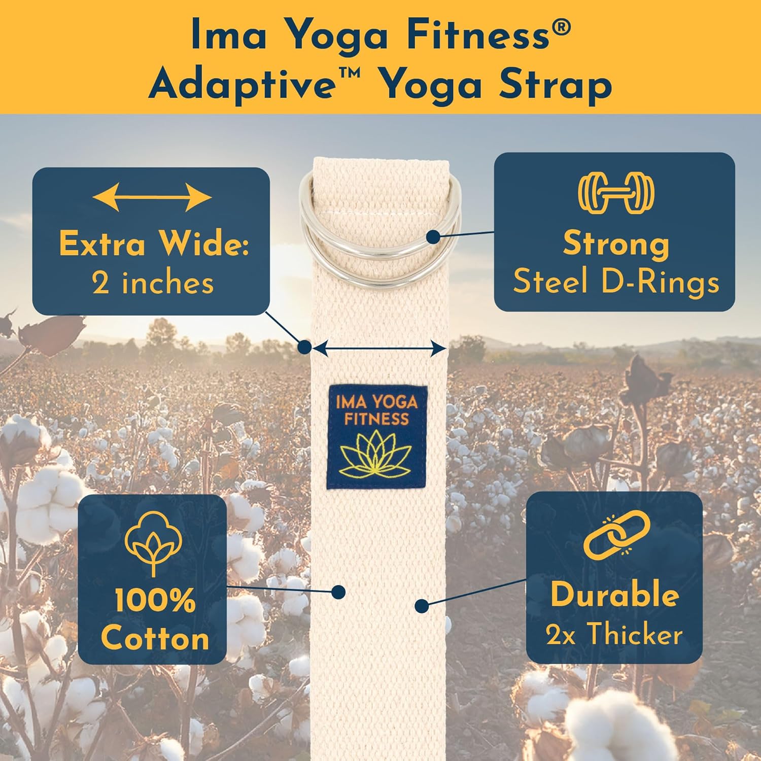 Adaptive Yoga Strap, Stretching Strap, 2 Inches Wide, 100% Naturally Soft Cotton, Steel D-Rings, Includes Natural Cotton Drawstring Storage Pouch and Instructional E-Book - Image 2