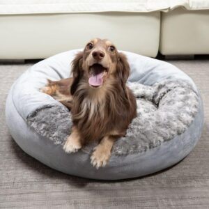 Cave Dog Bed with Blanket Easy to Assemble Donut Round Plush Cozy Cat Pet Bed for Puppy Machine Washable Removable Cover Cat Anti-Slip Bottom Gray 26X26X8 inch