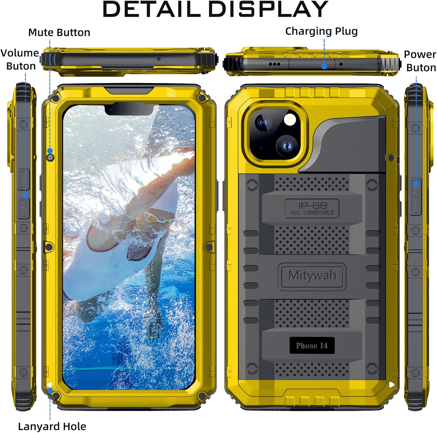 Mitywah Waterproof Case for iPhone 14, Heavy Duty Shockproof Case with Built-in Screen Protector, Full Body Underwater Protective Metal Case 6.1 inch, Yellow - Image 7