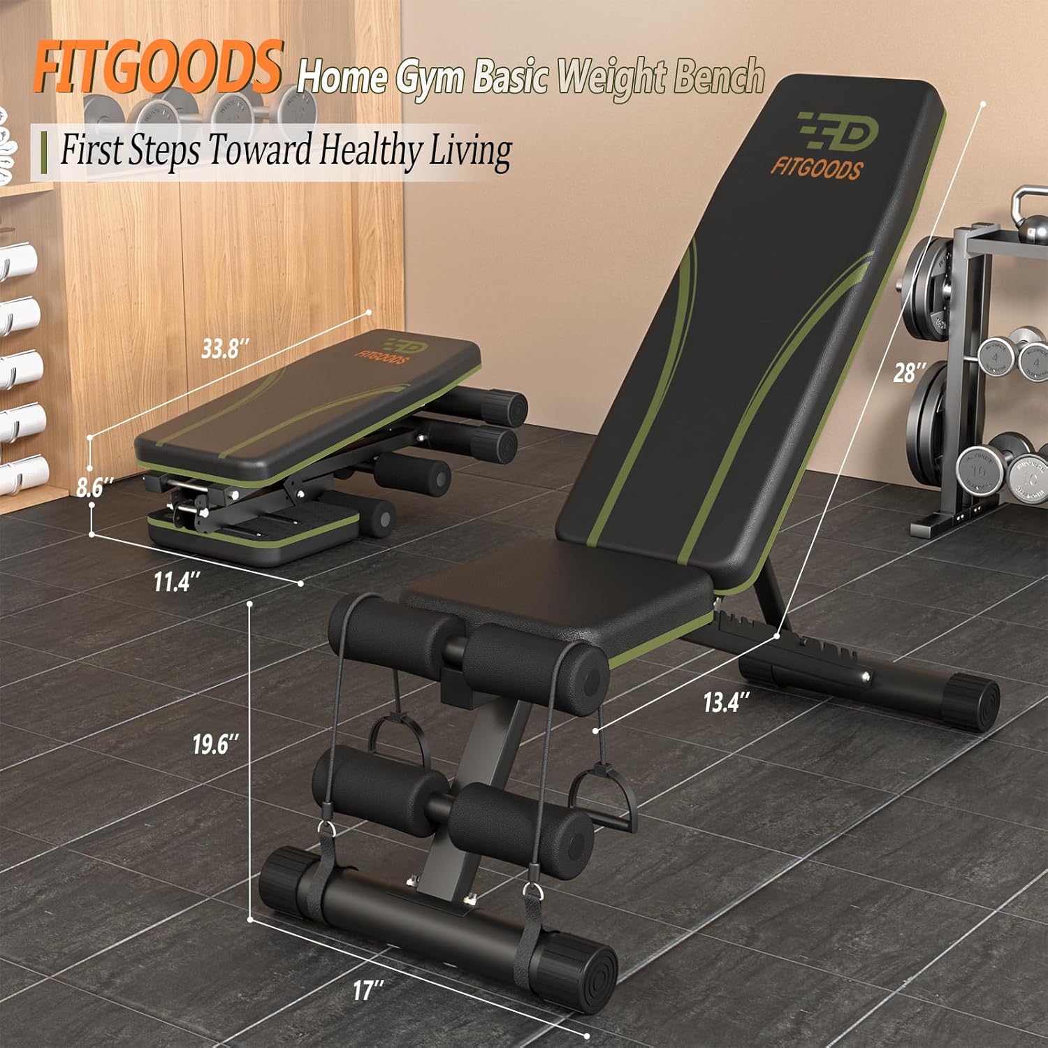 Fitgoods Adjustable Weight Bench for Home Gym, Foldable 700LBS Workout Bench with 9 Backrests, Multi-Purpose Bench Press for Incline Decline Flat with Fast Adjustment (2 resistance bands) - Image 2
