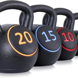 F2C Kettlebell Sets 4 Piece Strength Training KettleBells Weight Set 5lb, 10lb, 15lb, 20lb HDPE Coated Concrete Kettle bell Core Training or Women & Men for Full Body Workout & Exercise Fitness