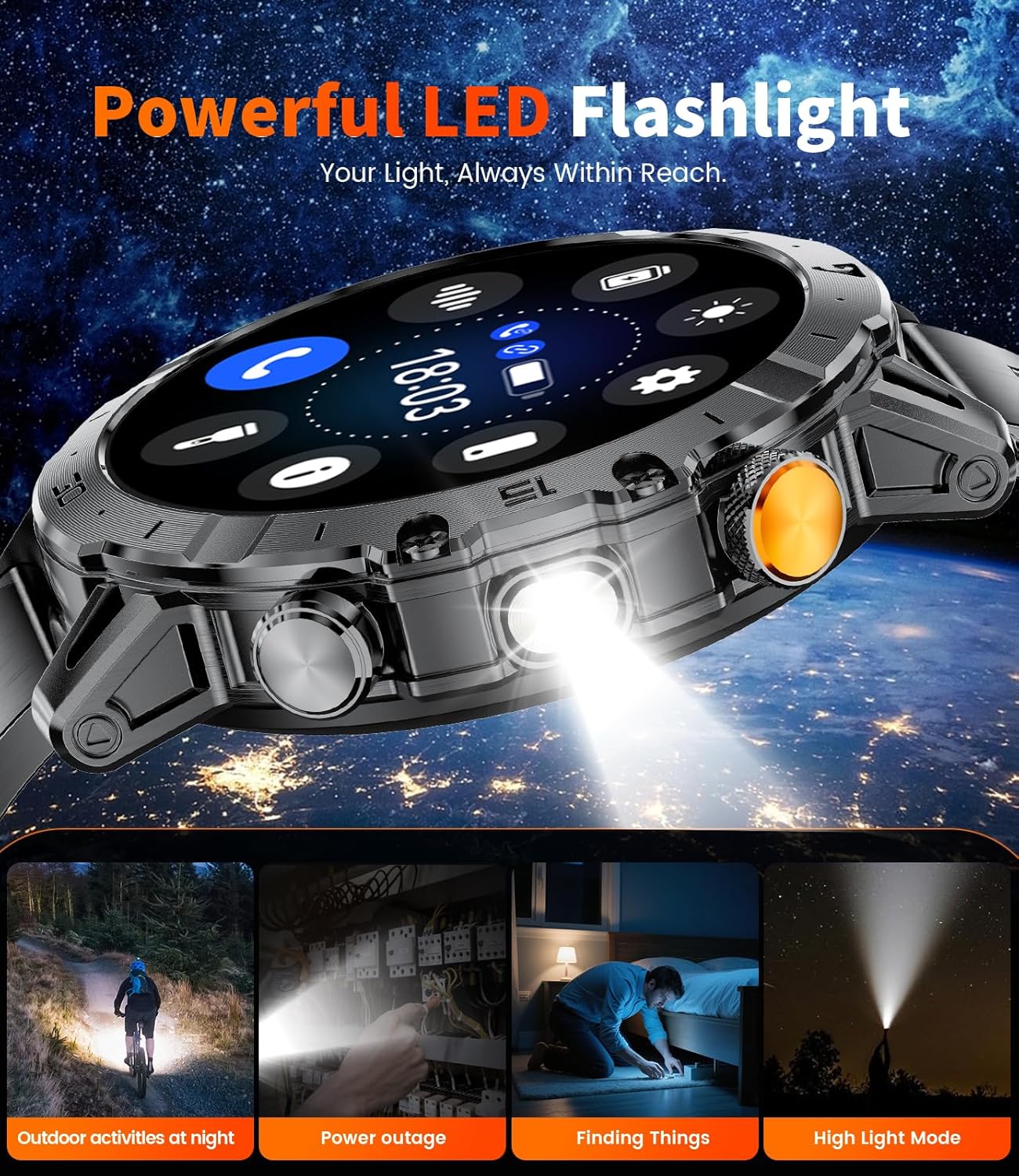 Military Smart Watch for Men(3 Bands),1000mAh /1.7" HD Large Display Smart Watches with LED Flashlight for Android iOS (Call Answer/Calls)Fitness Tracker with Heart Rate/Sleep Tracking/IP68 Waterproof - Image 5
