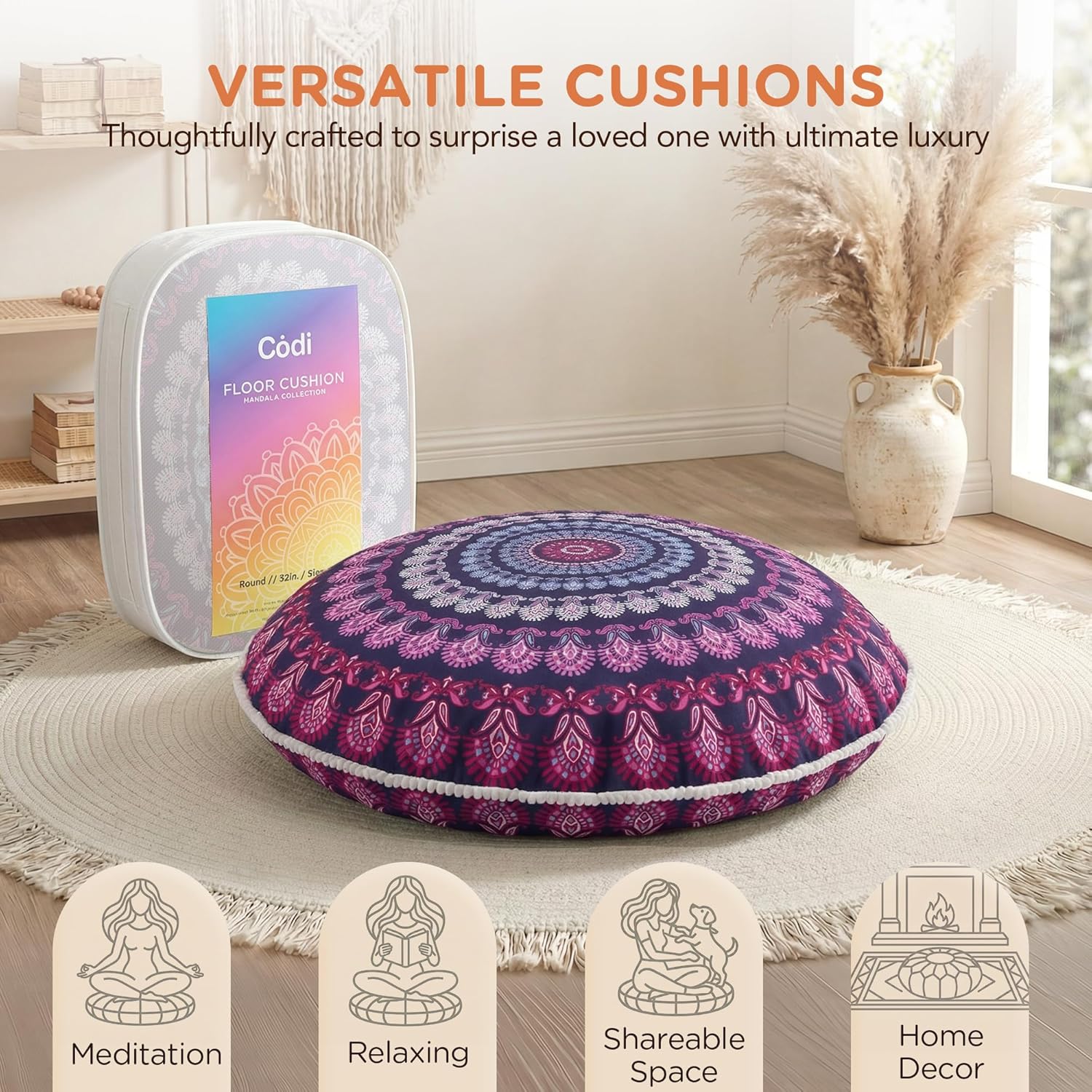 Codi Meditation Floor Pillow Set of 2, Round Large Pillows Seating for Adults, Bohemian Mandala Circle Cushion for Outdoor Fireplace Yoga Living Room, 32 Inch, Memory Foam Added, Purple Orchid NEW - Image 6