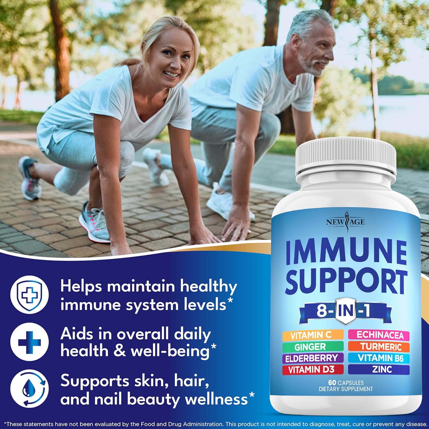 NEW AGE 8 in 1 Immune Support Booster Supplement with Echinacea, Vitamin C and Zinc 50mg, Vitamin D 5000 IU, Turmeric Curcumin & Ginger, B6, Elderberry 60 Count (Pack of 1) - Image 3