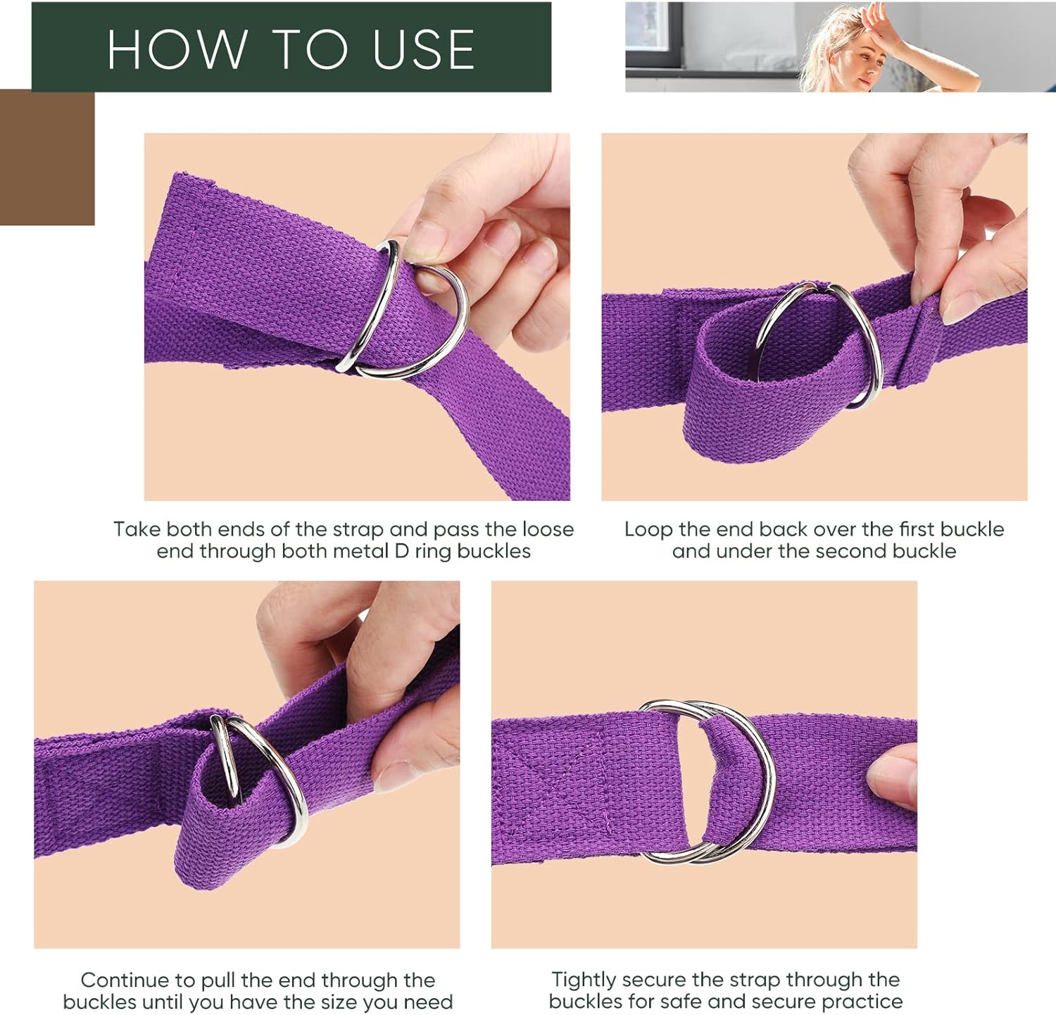 10 Pcs Yoga Strap 8ft Yoga Stretching Exercise Band Stretching Belt with Adjustable Metal D Ring Buckle Loop for Pilates, Dance, Physical Therapy, Gym Workout - Image 4