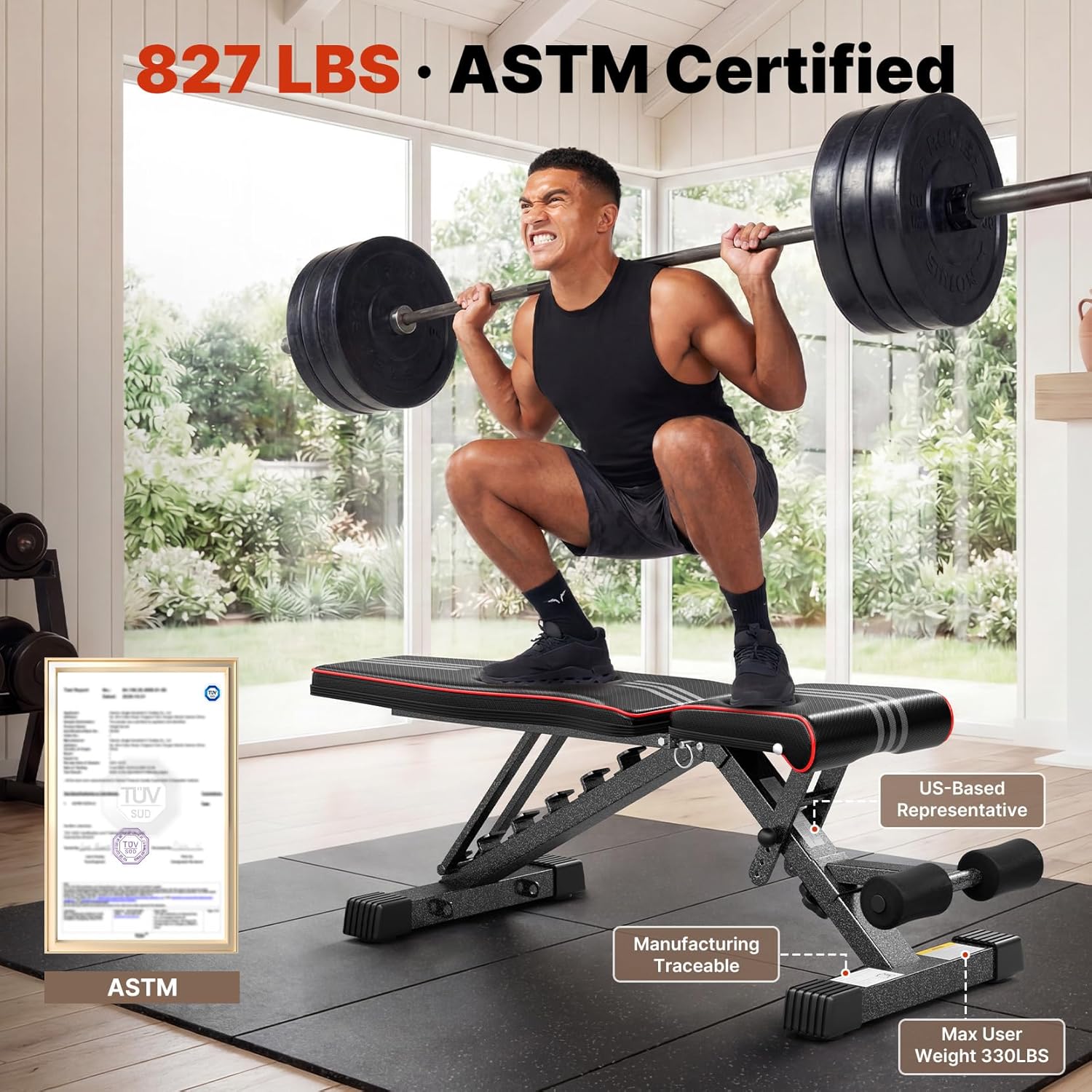YOLEO Adjustable Weight Bench for Home Gym, ASTM-Certified 827LBS, 98% Pre-Assembled, Foldable Gym Bench with 84 Positions Incline Decline Flat, Wider Seat - Image 2