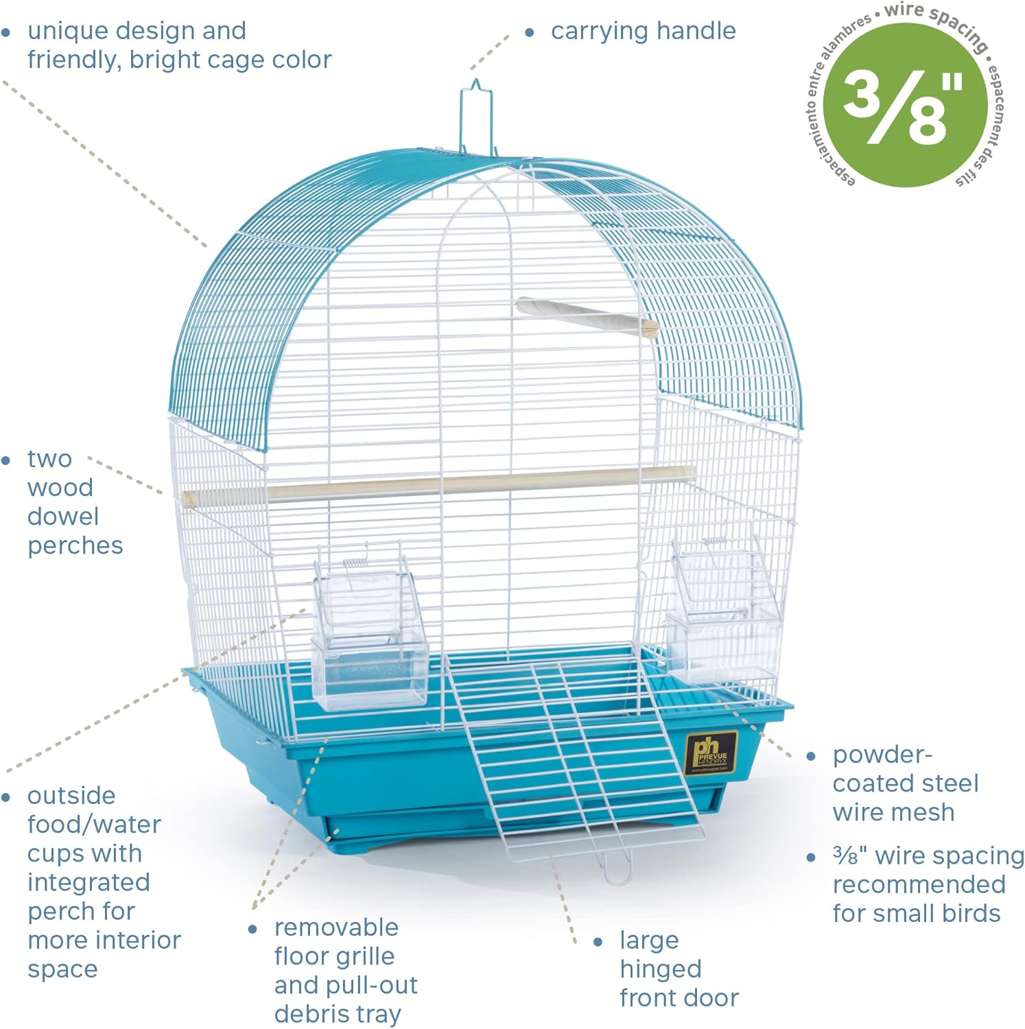 Prevue Pet Products South Beach Dome Top Bird Cage - Ideal for Parakeets, Finches, Budgies, & Canaries, Small & Portable Indoor Bird Cage, Functional Permanent or Travel Bird Cage - White & Teal - Image 2